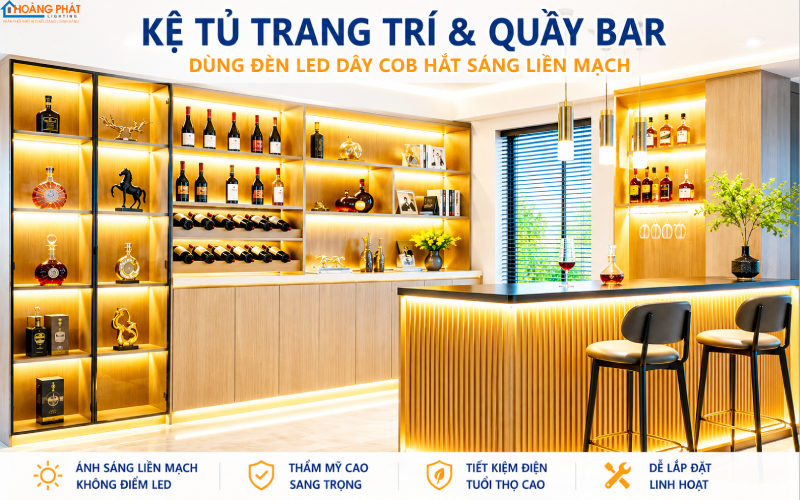 Ảnh kệ tủ trang trí và quầy bar dùng đèn LED dây COB hắt sáng liền mạch
