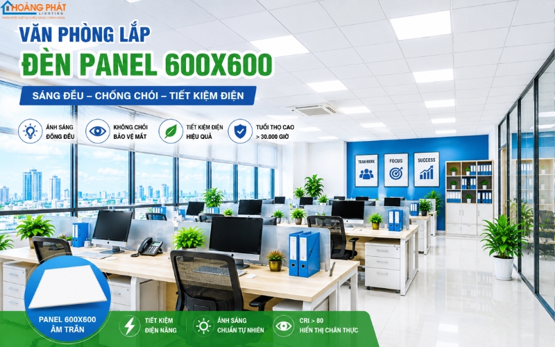 Văn phòng lắp đèn panel 600x600 âm trần chiếu sáng đồng đều