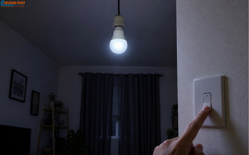 Ảnh bóng đèn LED còn sáng mờ lập lòe trong phòng tối dù công tắc đã tắt
