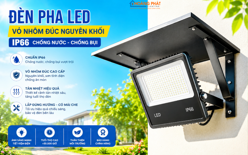 Ảnh đèn pha LED vỏ nhôm đúc IP66 lắp đúng hướng có mái che