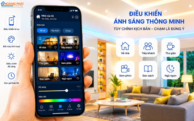 Giao diện app điều khiển kịch bản ánh sáng trên điện thoại