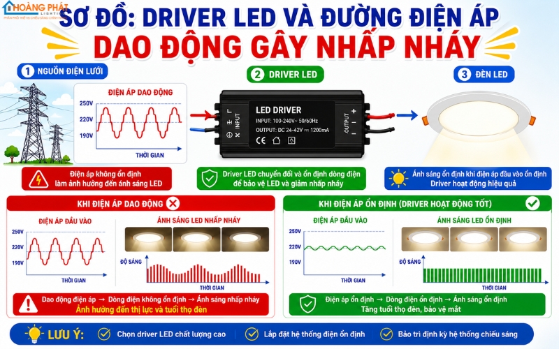 Sơ đồ: Driver LED và đường điện áp dao động gây nhấp nháy