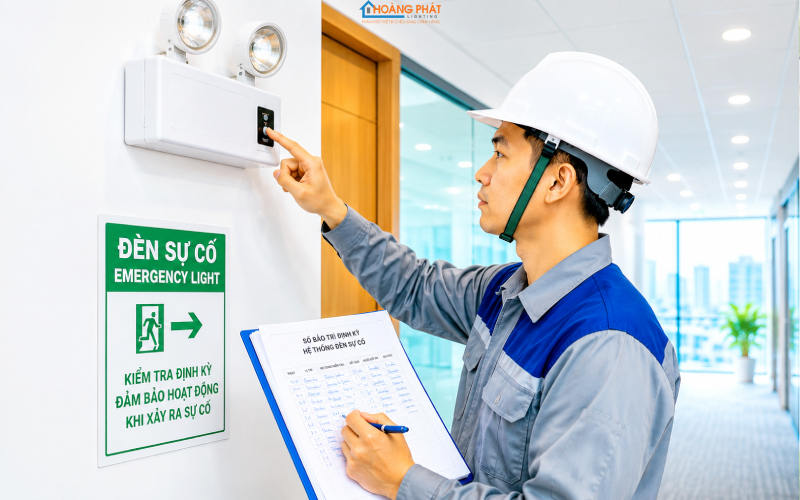 Ảnh kỹ thuật viên nhấn nút test đèn sự cố và ghi sổ bảo trì định kỳ trong tòa nhà văn phòng