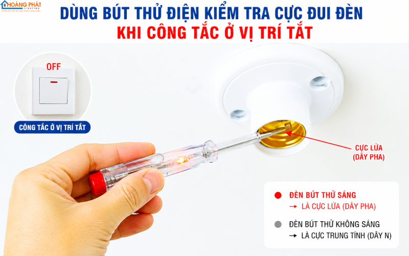 Ảnh dùng bút thử điện kiểm tra cực đui đèn khi công tắc ở vị trí tắt