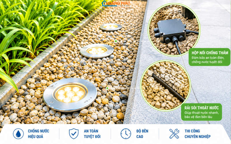 Ảnh thi công lắp đèn âm sàn: rải sỏi thoát nước, hộp nối chống thấm
