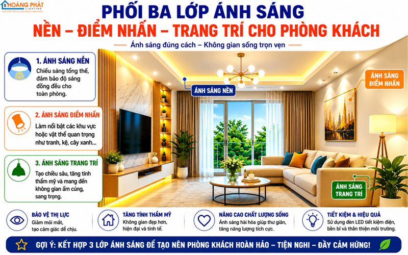 Phối ba lớp ánh sáng: nền, điểm nhấn và trang trí cho phòng khách