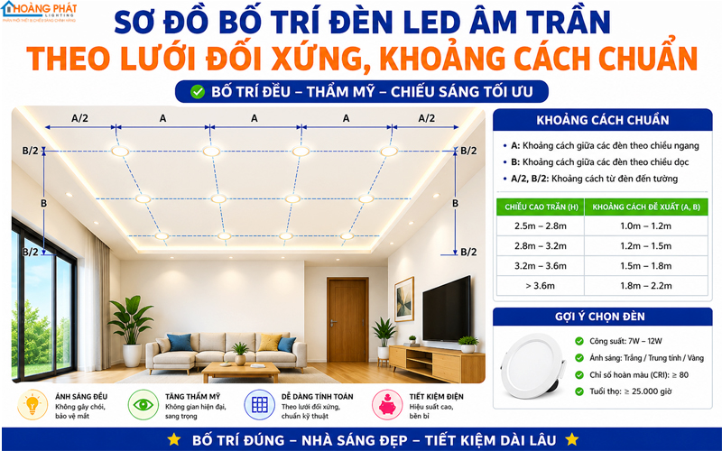 Sơ đồ bố trí đèn LED âm trần theo lưới đối xứng, khoảng cách chuẩn
