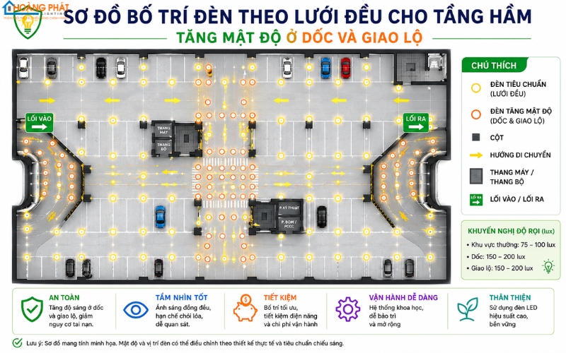 Sơ đồ bố trí đèn theo lưới đều cho tầng hầm, tăng mật độ ở dốc và giao lộ
