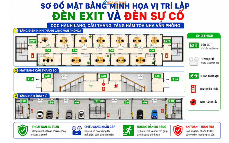 Sơ đồ mặt bằng minh họa vị trí lắp đèn exit và đèn sự cố dọc hành lang, cầu thang, tầng hầm một tòa nhà văn phòng