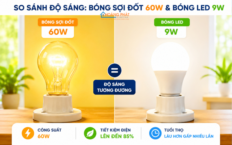 Ảnh đặt cạnh nhau bóng sợi đốt 60W và bóng LED 9W cùng độ sáng
