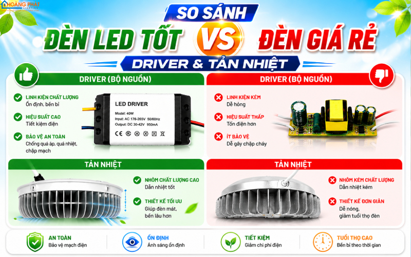 So sánh driver và tản nhiệt của đèn LED tốt và đèn giá rẻ