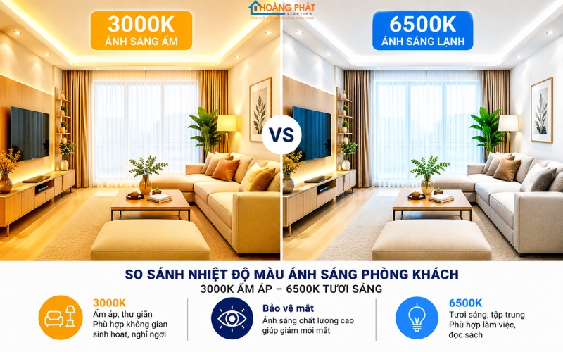 So sánh nhiệt độ màu ánh sáng phòng khách ấm và lạnh