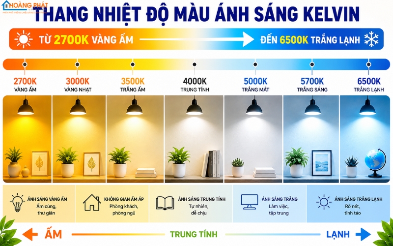Thang nhiệt độ màu từ 2700K vàng ấm đến 6500K trắng lạnh