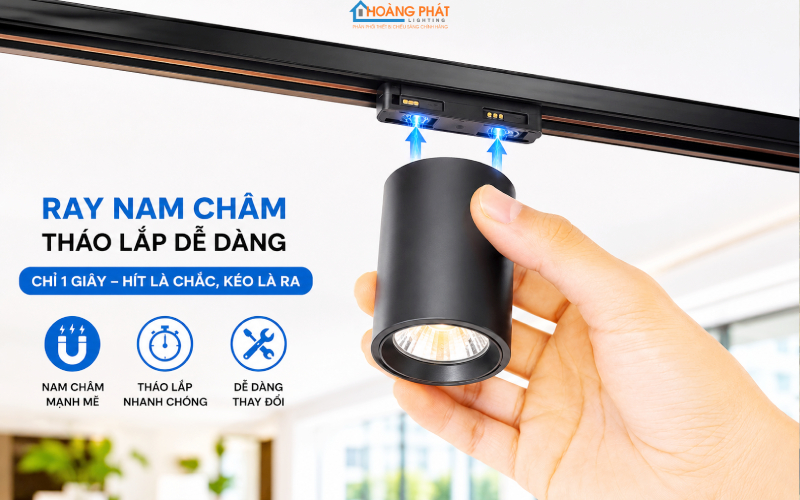 Bàn tay đang hít module đèn rọi vào thanh ray nam châm, thể hiện thao tác tháo lắp dễ dàng