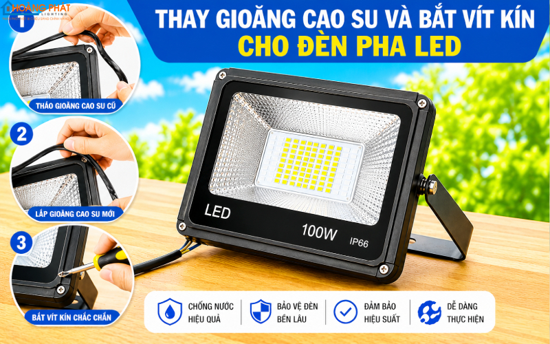 Ảnh thay gioăng cao su và bắt vít kín cho đèn pha LED