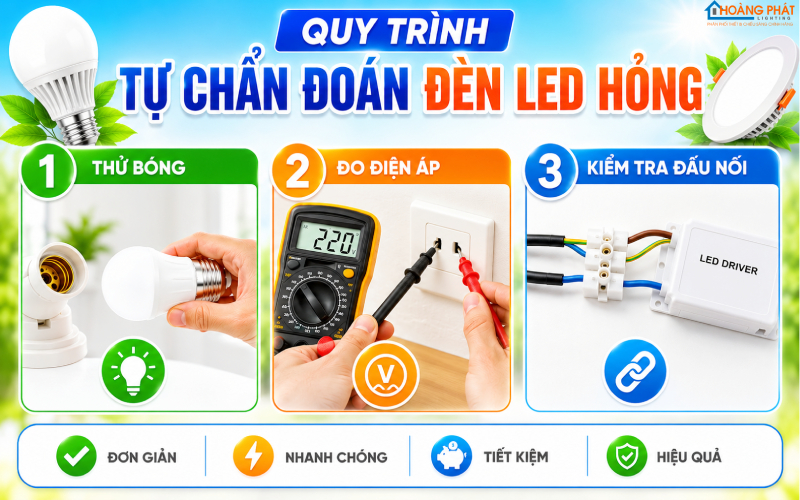 Quy trình tự chẩn đoán đèn LED hỏng: thử bóng, đo điện áp, kiểm tra đấu nối