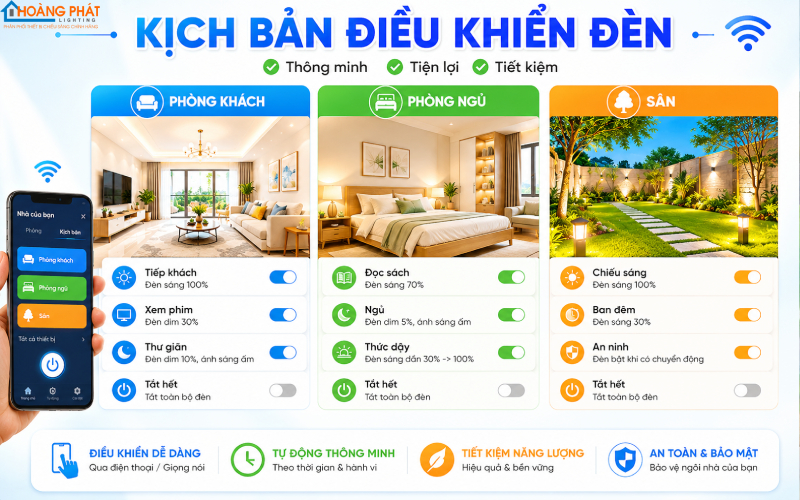 Ảnh kịch bản điều khiển đèn theo phòng khách, phòng ngủ, sân