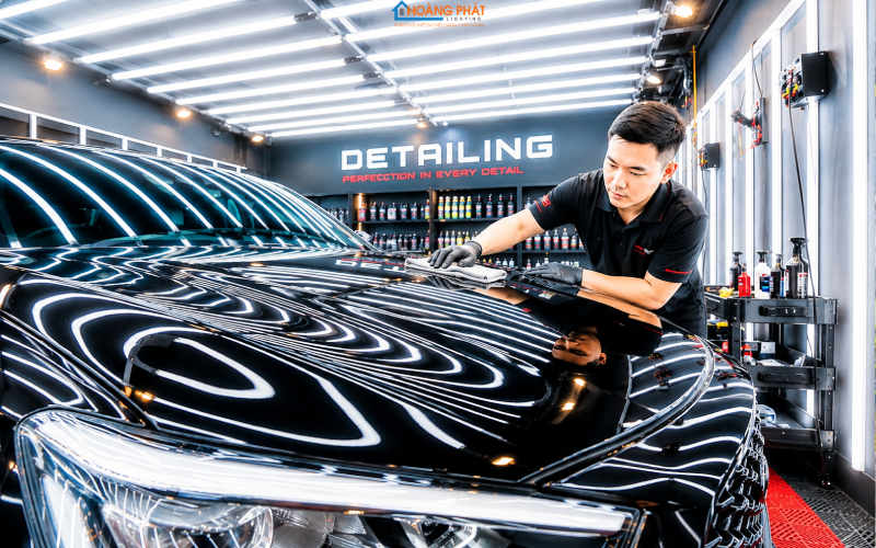 Khu detailing với dàn đèn dải song song phản chiếu vệt sáng zebra trên nắp capo xe đen bóng