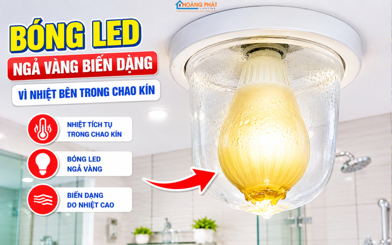 Bóng LED ngả vàng biến dạng vì nhiệt bên trong chao thủy tinh kín trên trần nhà tắm