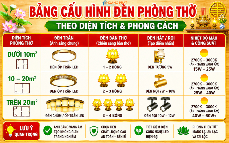 Bảng cấu hình đèn phòng thờ theo diện tích, phong cách infographic nền gỗ