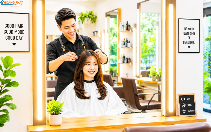 Khu gương cắt salon với đèn thanh dọc hai bên gương, khách ngồi ghế, ánh sáng đều mặt