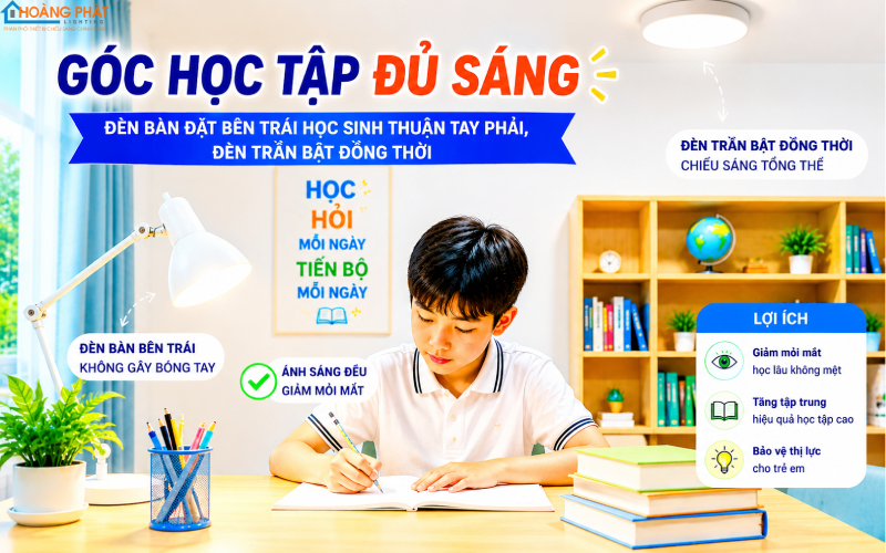 Góc học tập đủ sáng: đèn bàn đặt bên trái học sinh thuận tay phải, đèn trần bật đồng thời