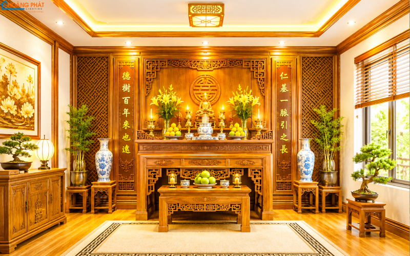 Phòng thờ gỗ ánh sáng vàng ấm, đèn hắt trần dịu nhẹ, bàn thờ được rọi điểm nhấn