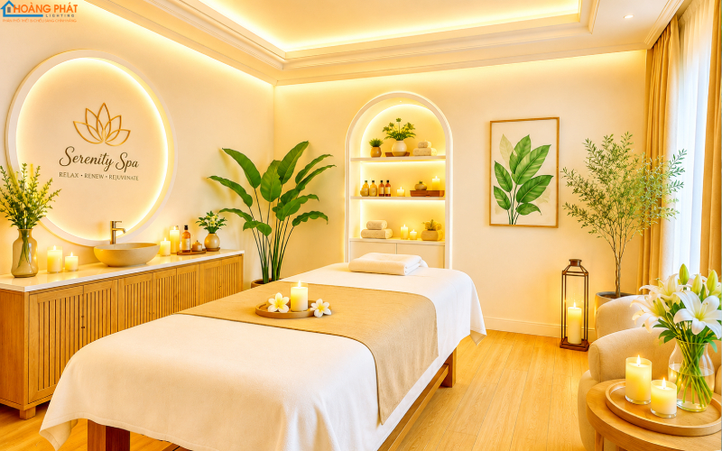 Phòng spa ánh vàng ấm dịu với đèn hắt khe trần và nến, giường massage ở trung tâm