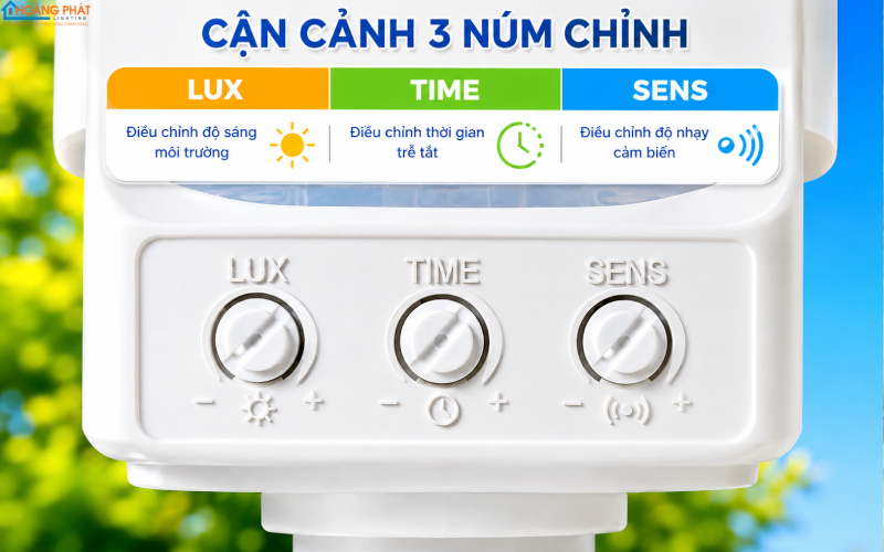 Cận cảnh ba núm chỉnh LUX, TIME, SENS trên thân cảm biến chuyển động của đèn