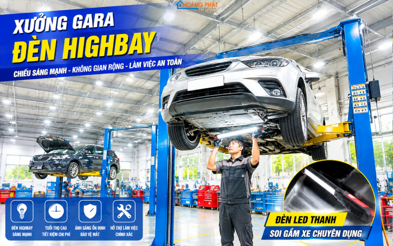 Xưởng gara với đèn highbay trên trần cao và thợ dùng đèn LED thanh soi gầm xe trên cầu nâng