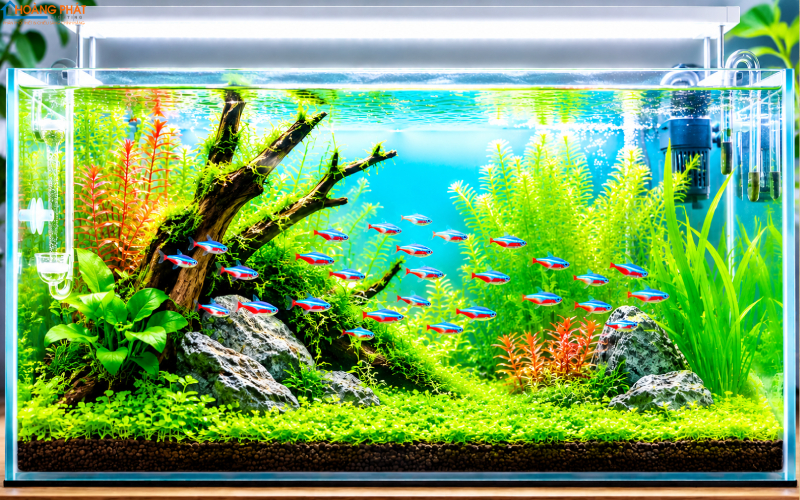 Bể thủy sinh xanh mướt dưới ánh đèn LED máng trắng, cá neon bơi thành đàn