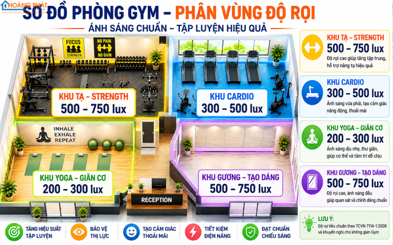 Đèn LED Chiếu Sáng Phòng Gym & Phòng Tập: Chọn Độ Rọi, Chống Chói