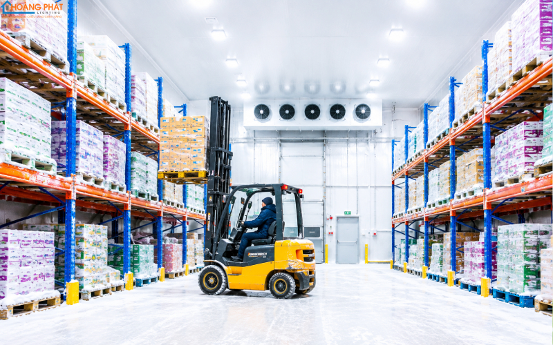 Ảnh kho lạnh với đèn LED kín nước sáng trắng, kệ hàng phủ tuyết nhẹ và xe nâng đang hoạt động
