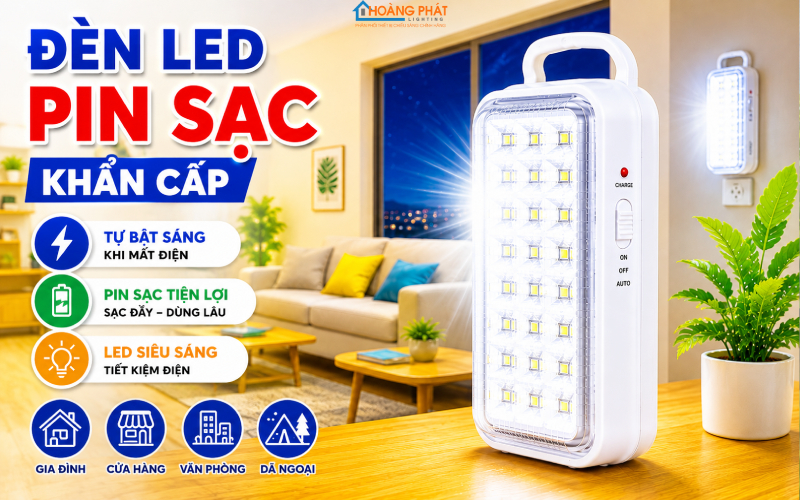 Đèn LED pin sạc khẩn cấp tự bật sáng khi mất điện ban đêm
