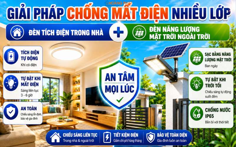 Giải pháp chống mất điện nhiều lớp: đèn tích điện trong nhà + đèn năng lượng mặt trời ngoài trời