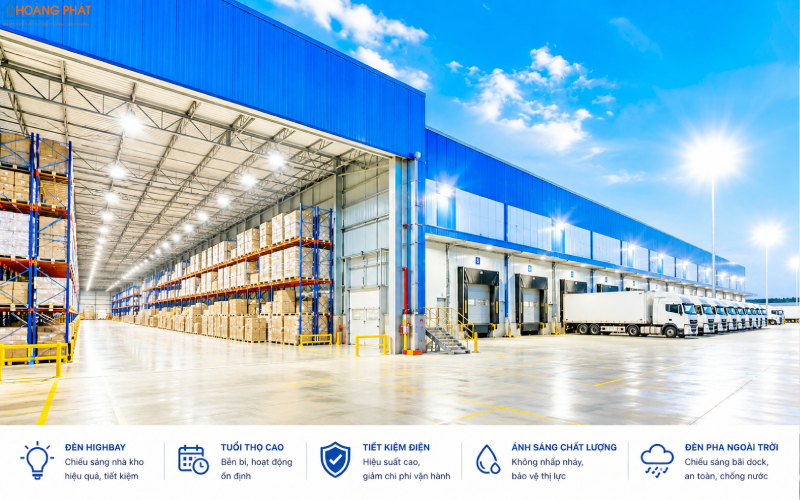 Ảnh toàn cảnh kho phân phối với các dãy đèn highbay thẳng theo lối đi và bãi dock ngoài trời có đèn pha