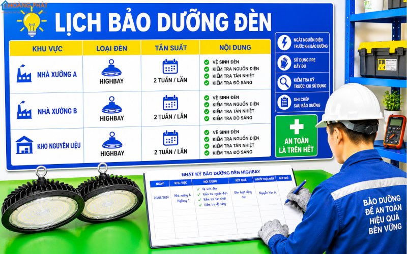 Ảnh bảng lịch bảo dưỡng đèn dán trong phòng kỹ thuật và kỹ thuật viên ghi nhật ký sau khi vệ sinh dãy đèn highbay