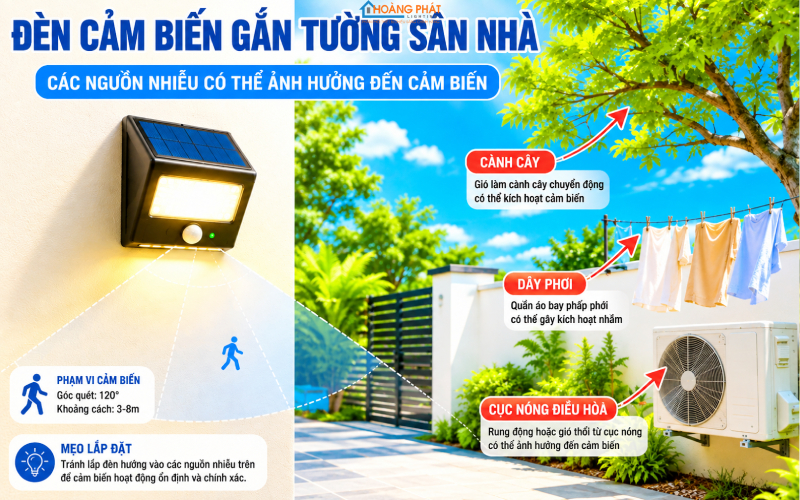 Đèn cảm biến gắn tường sân nhà, mũi tên chỉ các nguồn nhiễu: cành cây, dây phơi, cục nóng điều hòa