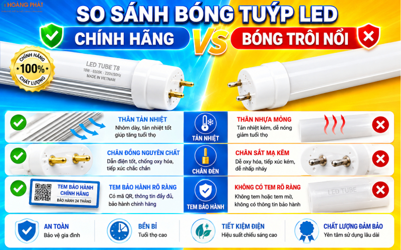 So sánh bóng tuýp LED chính hãng và bóng trôi nổi: tản nhiệt, chân đồng, tem bảo hành