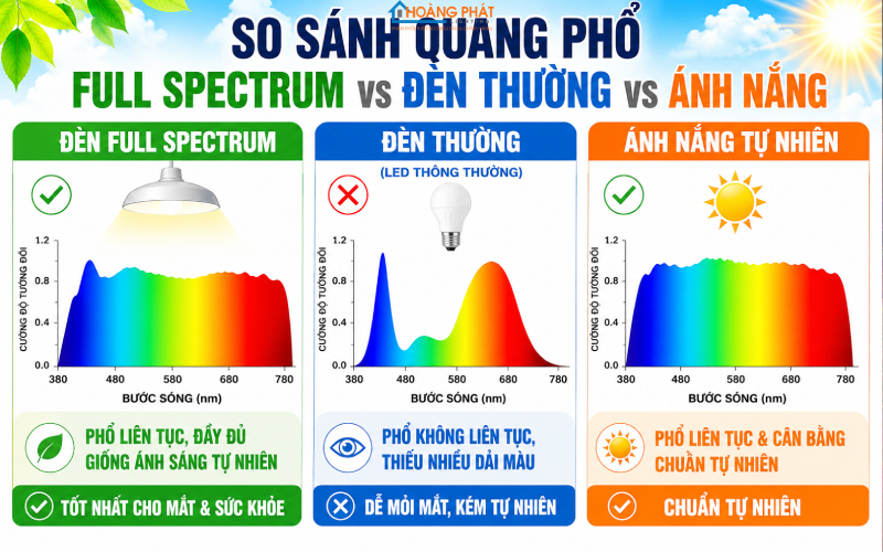 Biểu đồ quang phổ đèn full spectrum so với đèn thường và ánh nắng