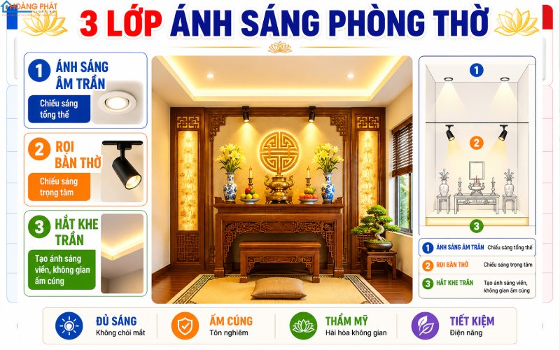 Sơ đồ bố trí ba lớp ánh sáng phòng thờ: âm trần, rọi bàn thờ, hắt khe trần