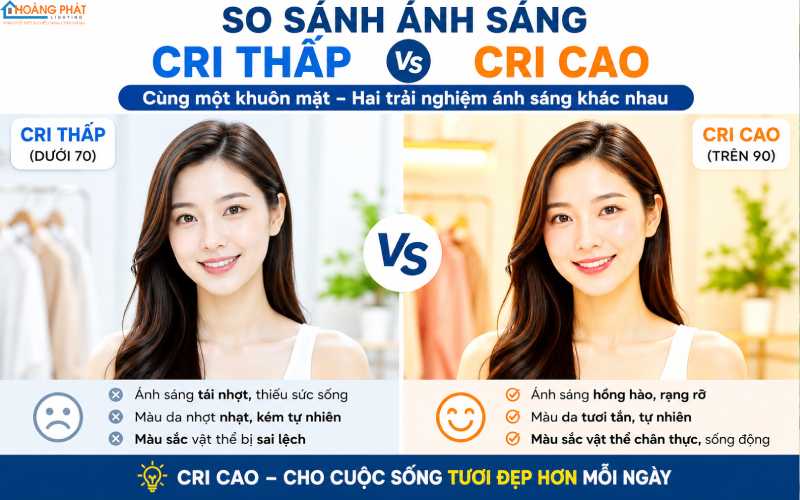 So sánh hai bức ảnh cùng khuôn mặt: dưới đèn CRI thấp tái nhợt và CRI cao hồng hào