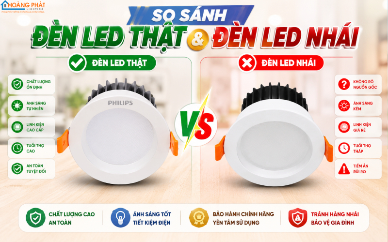 So sánh đèn led thật giả đặt cạnh nhau