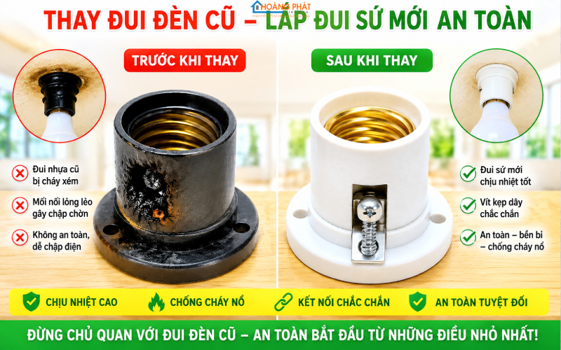 Đui đèn sứ mới có vít kẹp dây đặt cạnh đui nhựa cũ cháy xém, minh họa trước sau khi thay