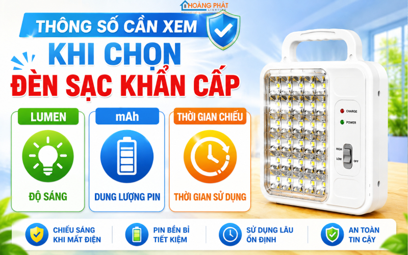 Các thông số cần xem khi chọn đèn sạc khẩn cấp: lumen, mAh, thời gian chiếu