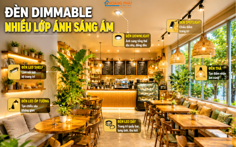 Ảnh không gian quán cà phê dùng đèn dimmable tạo nhiều lớp ánh sáng ấm