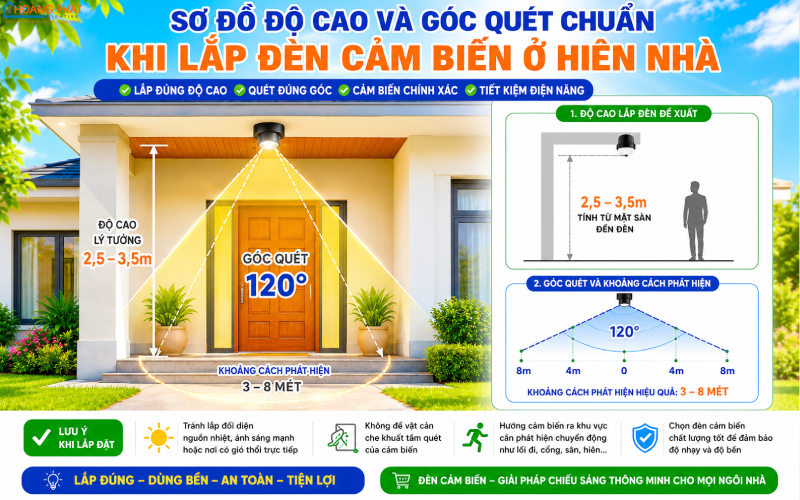 Sơ đồ độ cao và góc quét chuẩn khi lắp đèn cảm biến ở hiên nhà, có kích thước minh họa