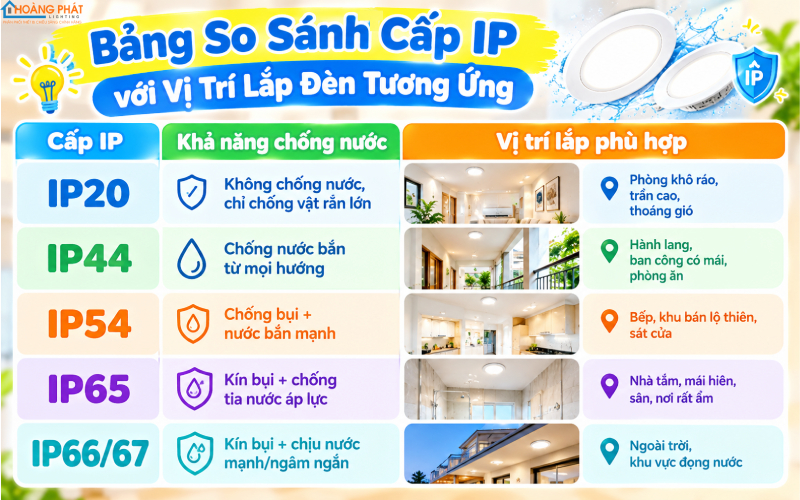 Bảng cấp IP đèn LED âm trần chống ẩm