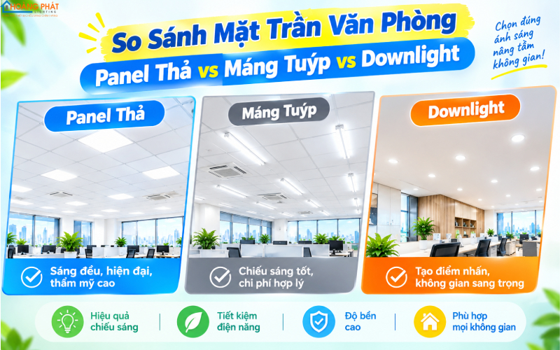 So sánh panel thả trần máng tuýp downlight văn phòng
